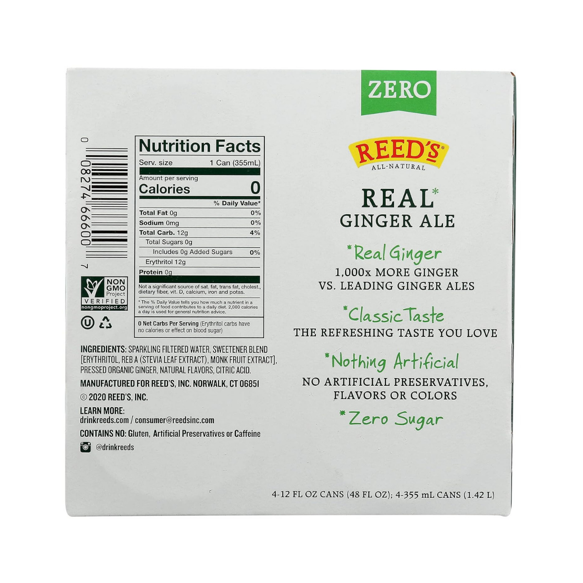 Reed's Zero Sugar Real Ginger Ale 4c