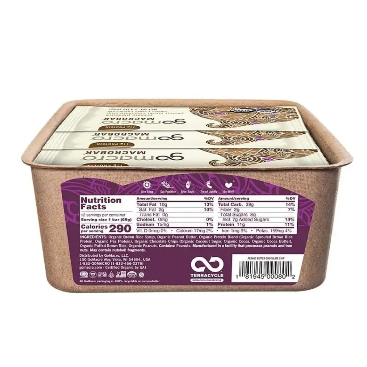 GoMacro Peanut Butter Chocolate Chip MacroBar 12c