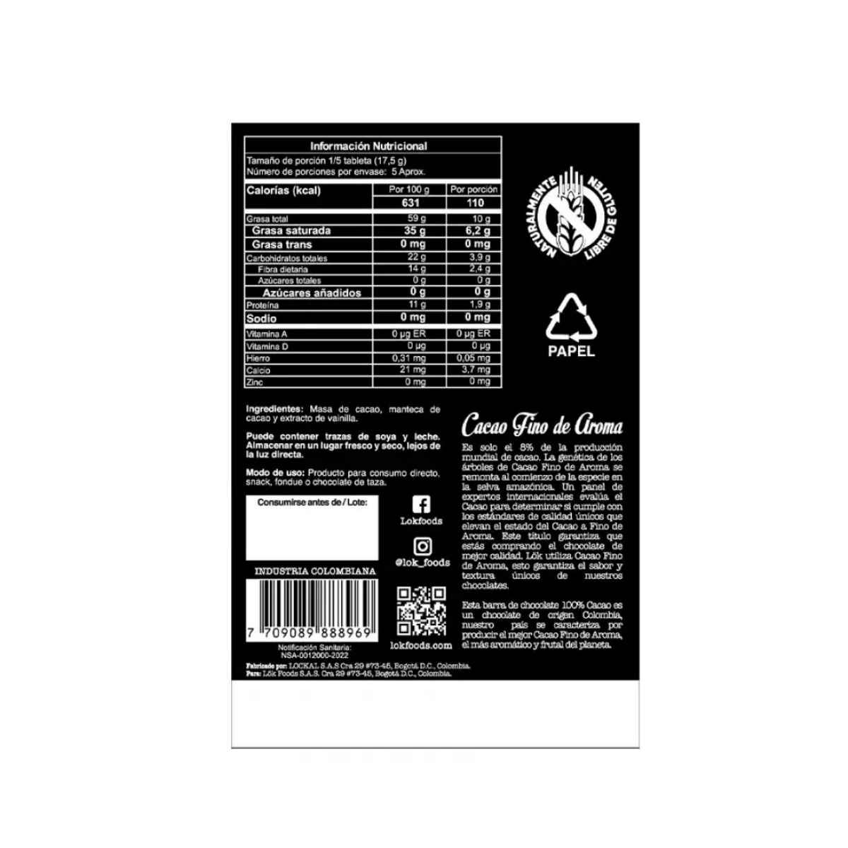 Lok Dark Chocolate 100% 3oz