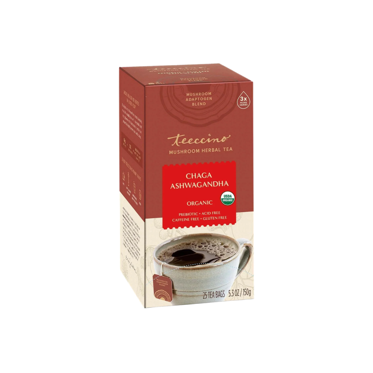 Teeccino Mushroom Herbal Tea Organic Caffeine Free Chaga Ashwagandha 10c