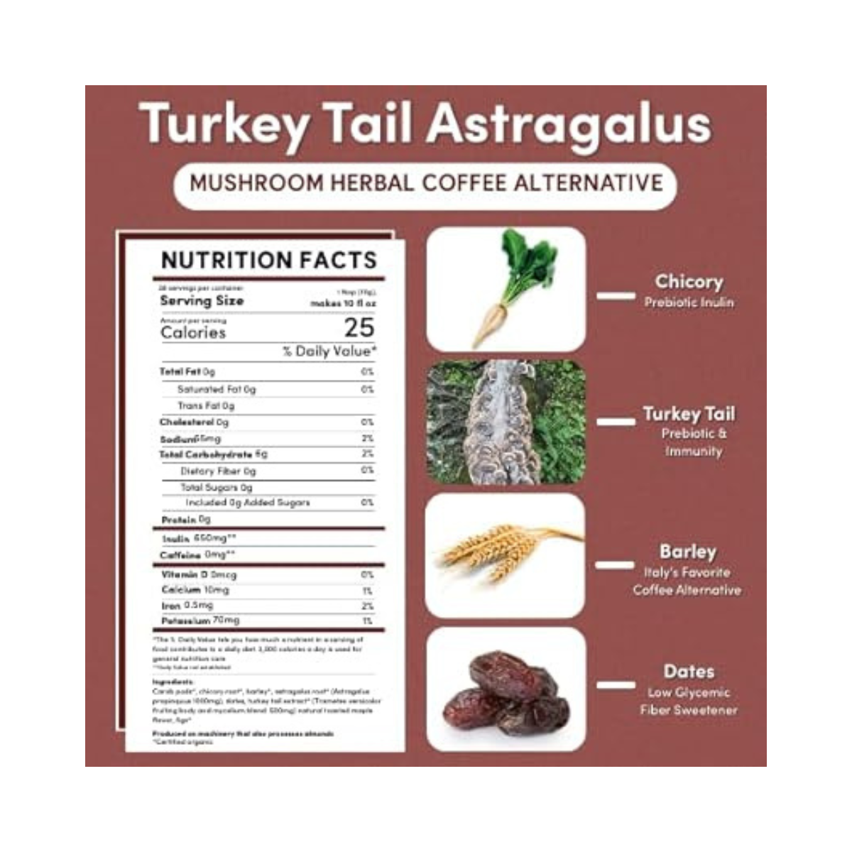 Teeccino Mushroom Herbal 'Coffee' Turkey Tail Astragalus Toasted Maple 10oz