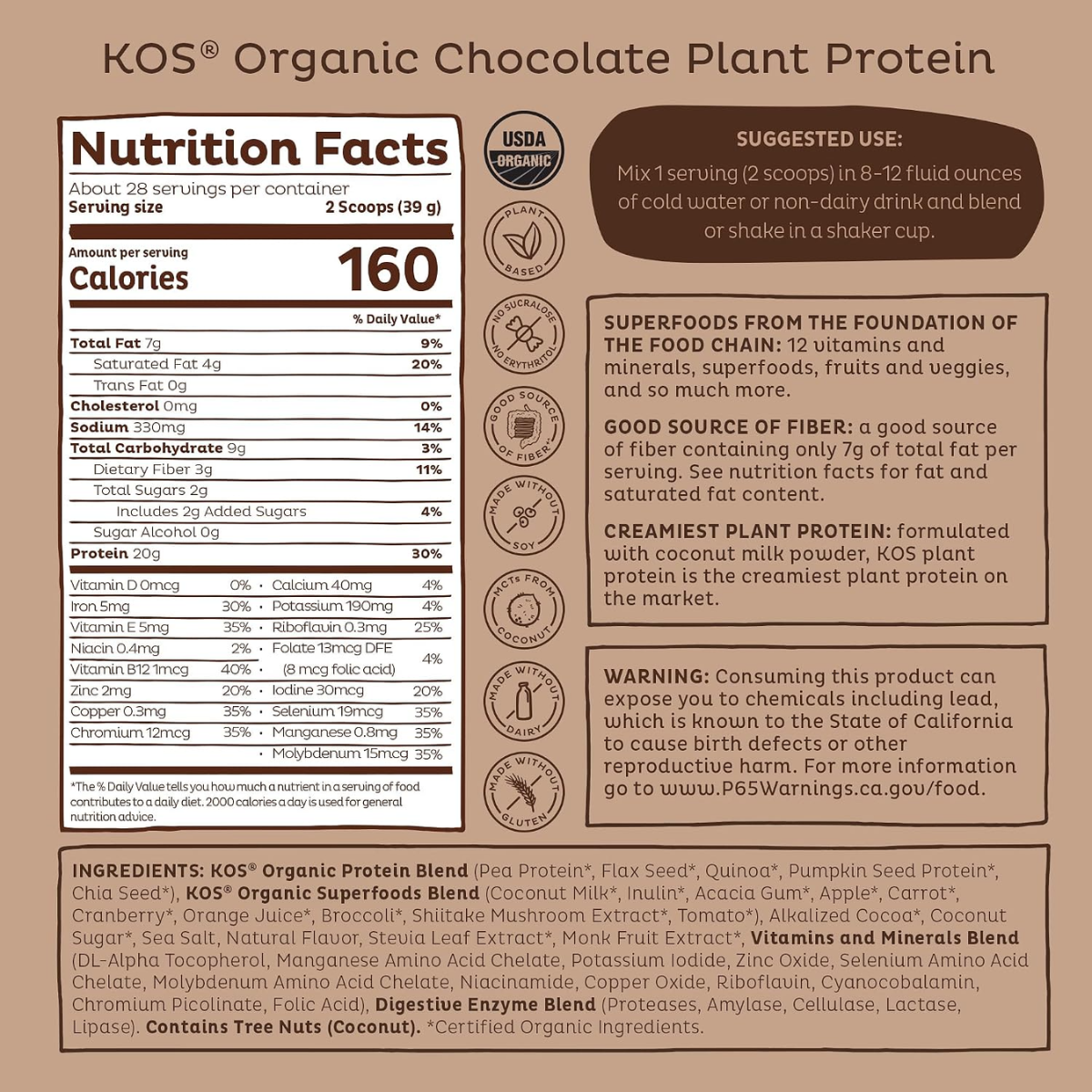 KOS Organic Plant Based Protein Powder Chocolate 38oz