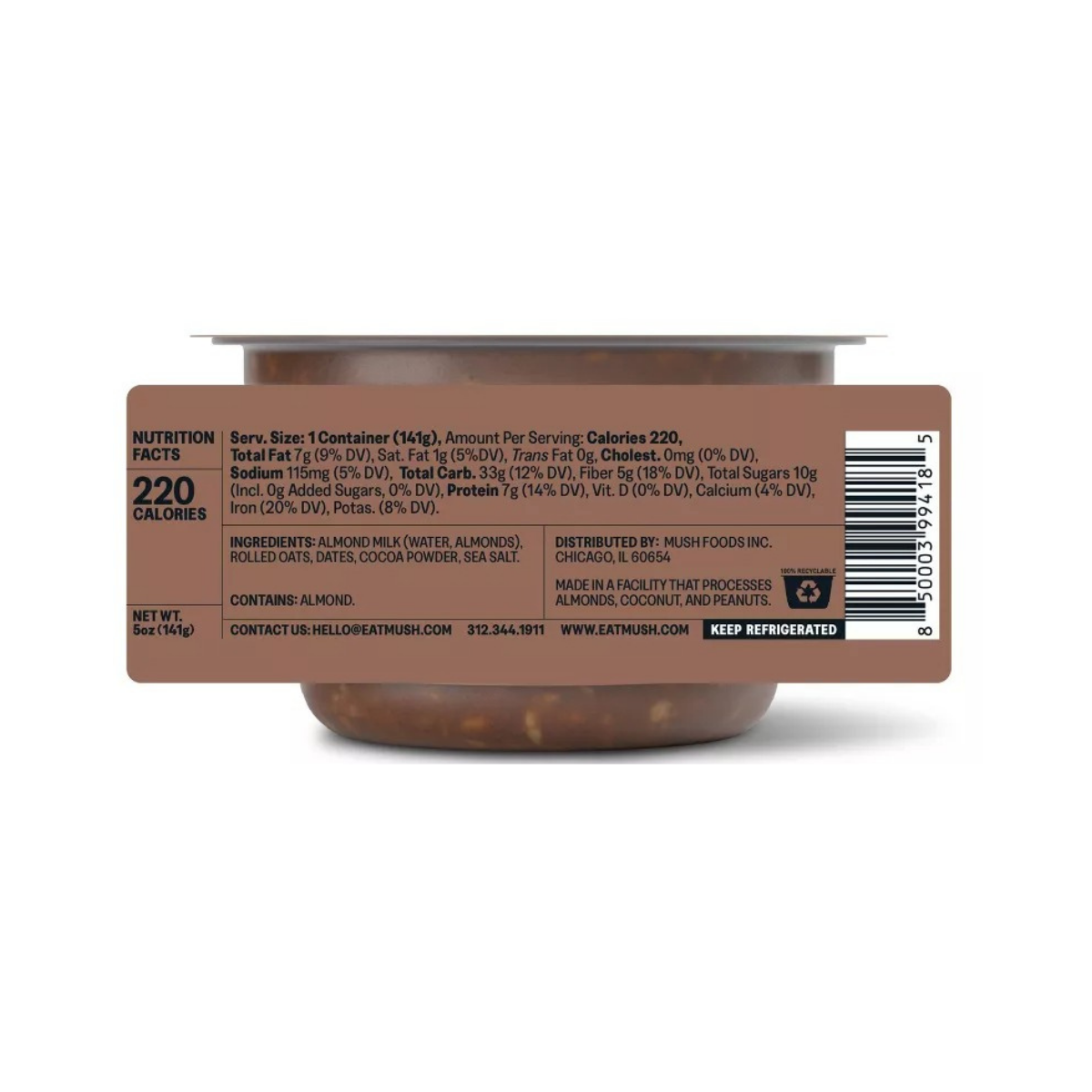 MUSH Dark Chocolate Ready to Eat Gluten Free Vegan Oats 5oz
