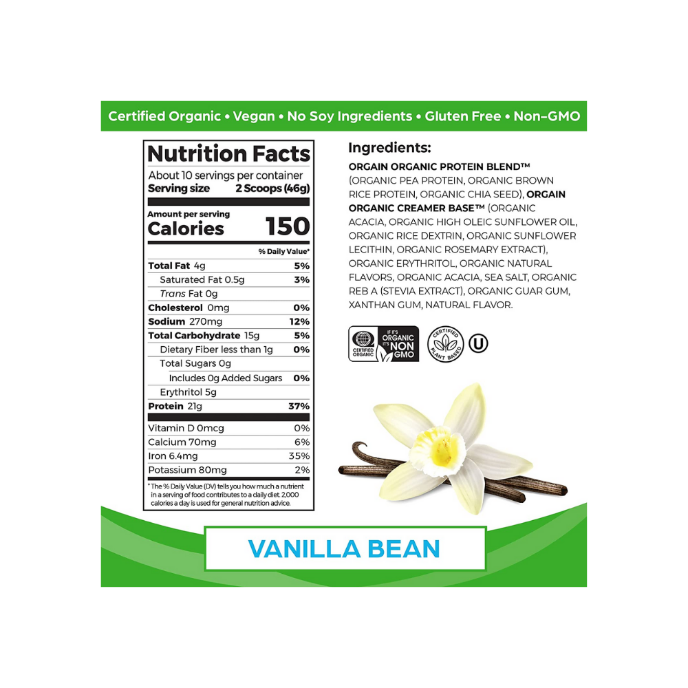 Orgain Organic Vegan Plant-based Protein Powder - Vanilla Bean 16oz