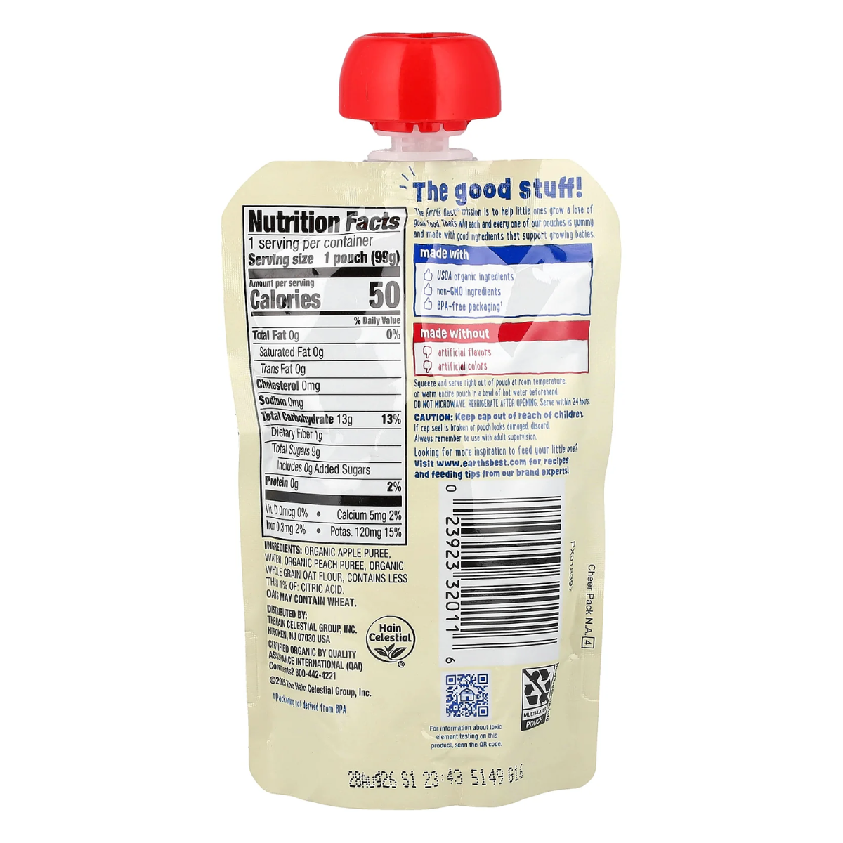 Earth's Best Organic Fruit & Grain Puree, 6+ Months Apple Peach Oatmeal 3.5oz