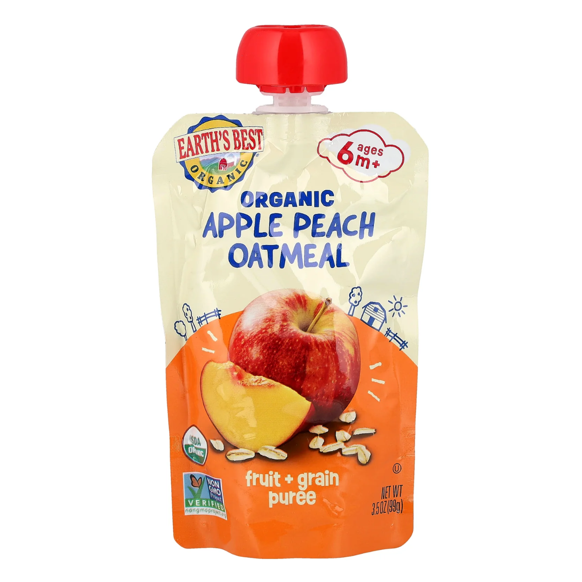 Earth's Best Organic Fruit & Grain Puree, 6+ Months Apple Peach Oatmeal 3.5oz
