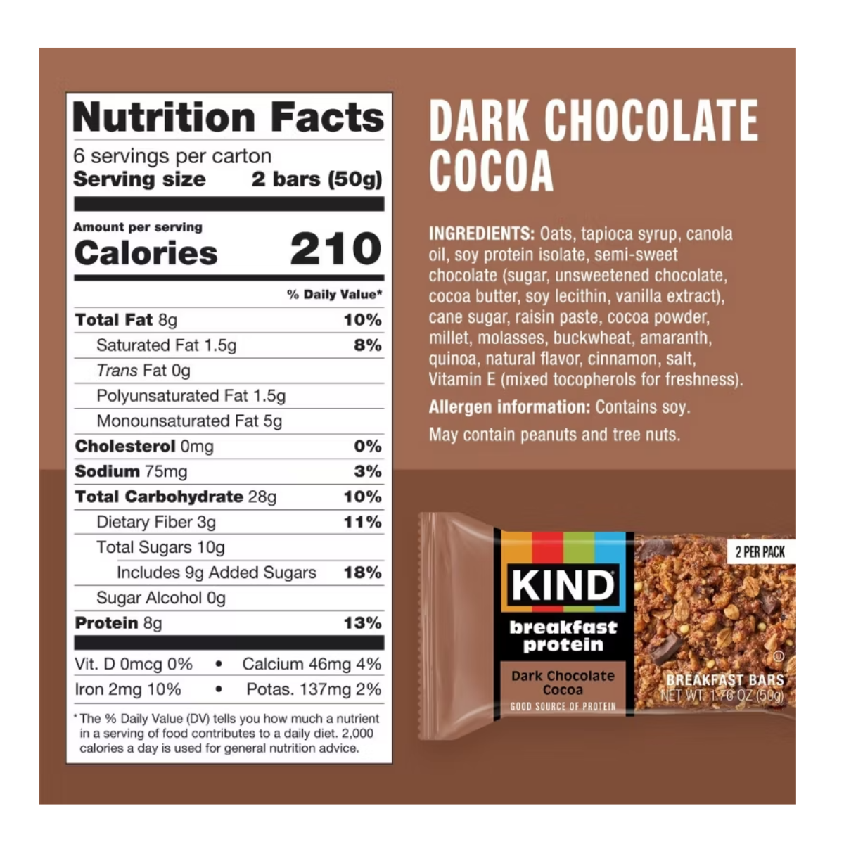 KIND Breakfast Protein Bars Dark Chocolate Cocoa 8g Protein 12c