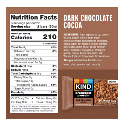 KIND Breakfast Protein Bars Dark Chocolate Cocoa 8g Protein 12c