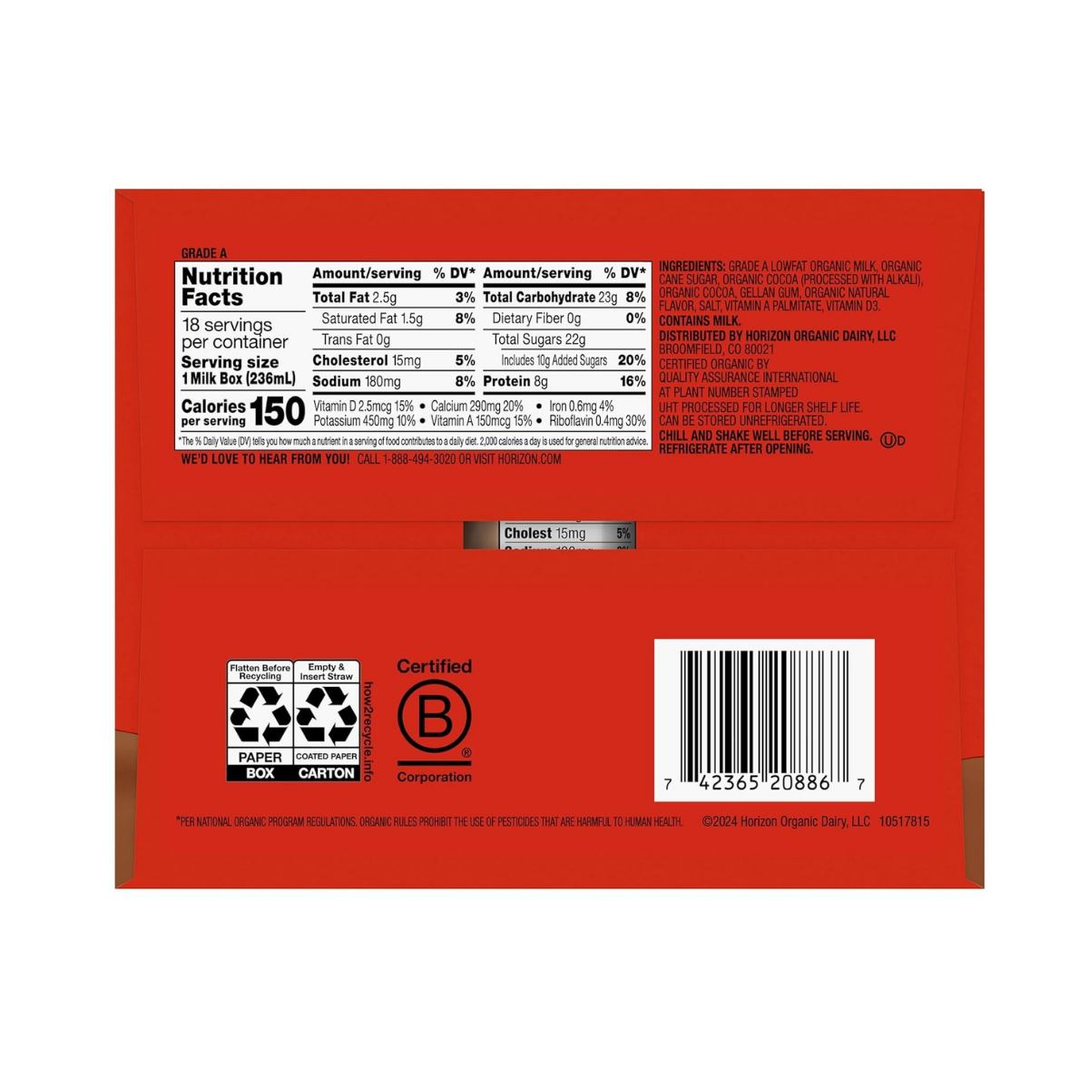 Horizon Organic 1% Low Fat Chocolate Milk 12c