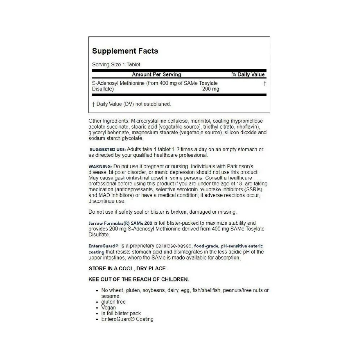 Jarrow Formulas Vegan Naturally Derived Same 200 Regular Strength 200 mg 20c