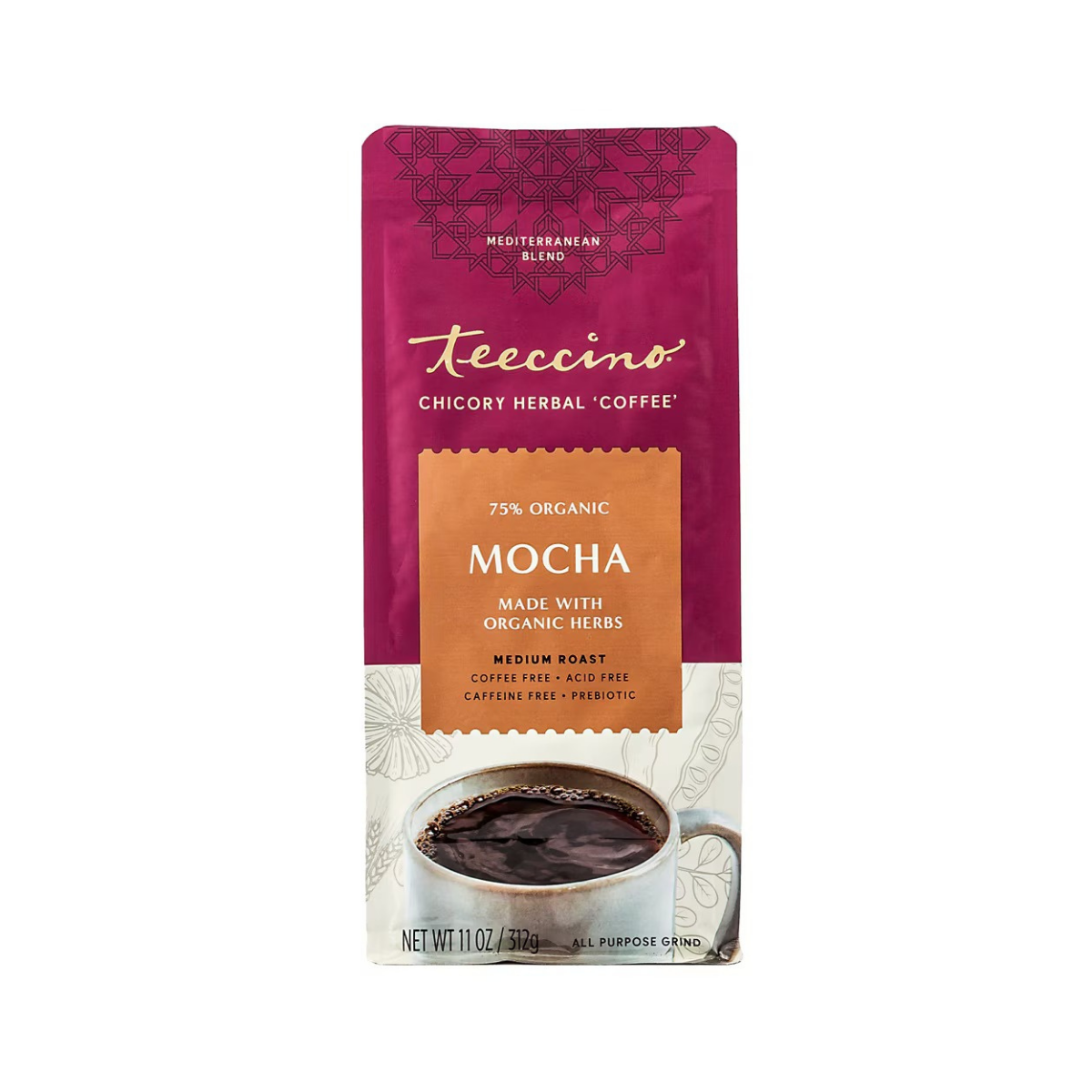 Teeccino Chicory Herbal Coffee Alternative Mediterranean Blend Mocha Medium Roast 11oz