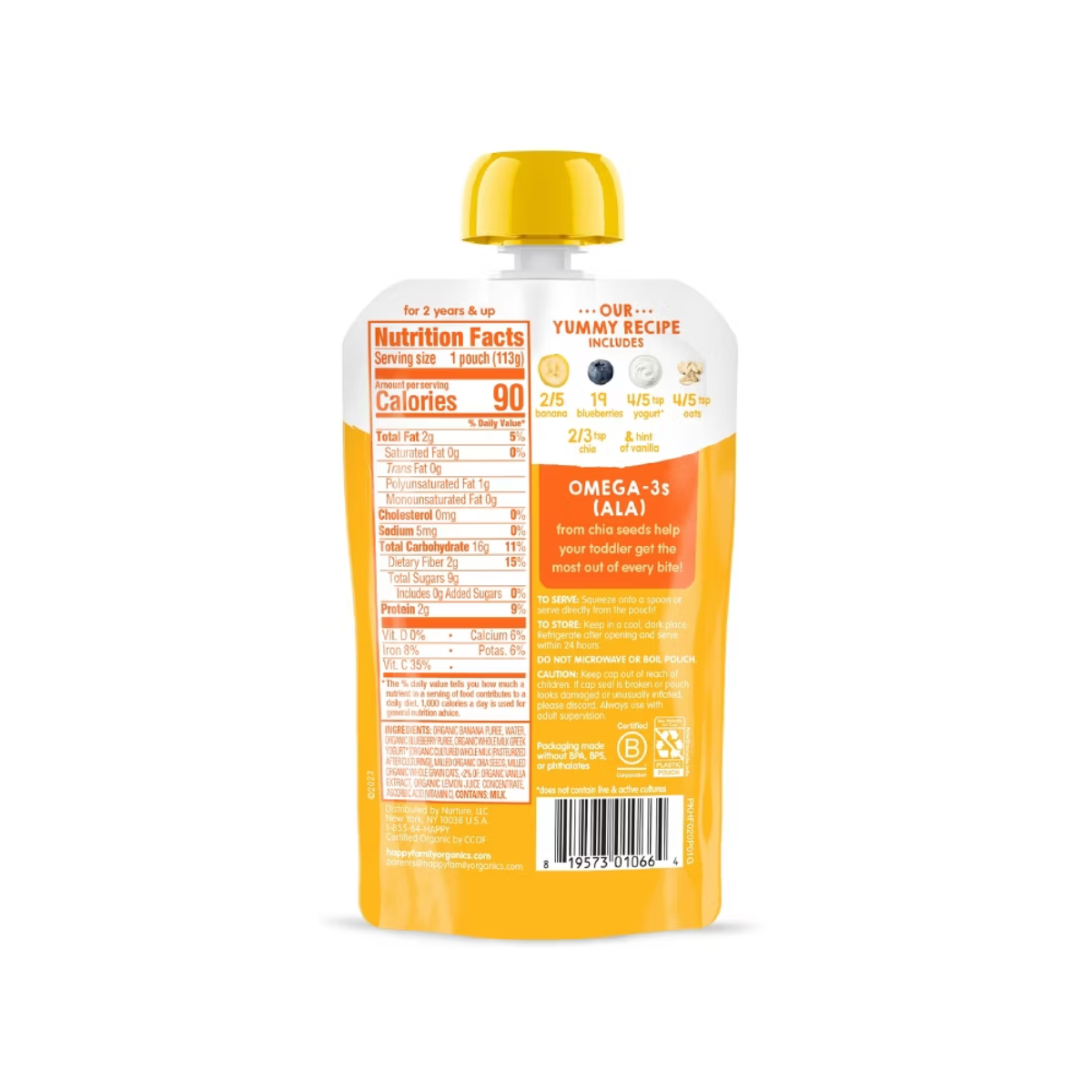Happy Tot Super Morning Organic Bananas, Blueberries Yogurt, Oats & Chia Toddler Pouch 4oz