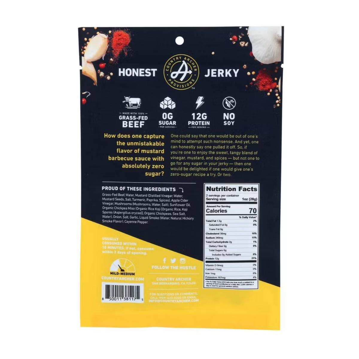 Archer Jerky Mustard BBQ Grass-Fed Beef Jerky 2oz