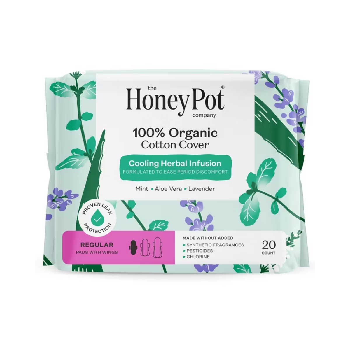 Honey Pot 100% Organic Cotton Cover Cooling Herbal Infusion Regular Pads 20c