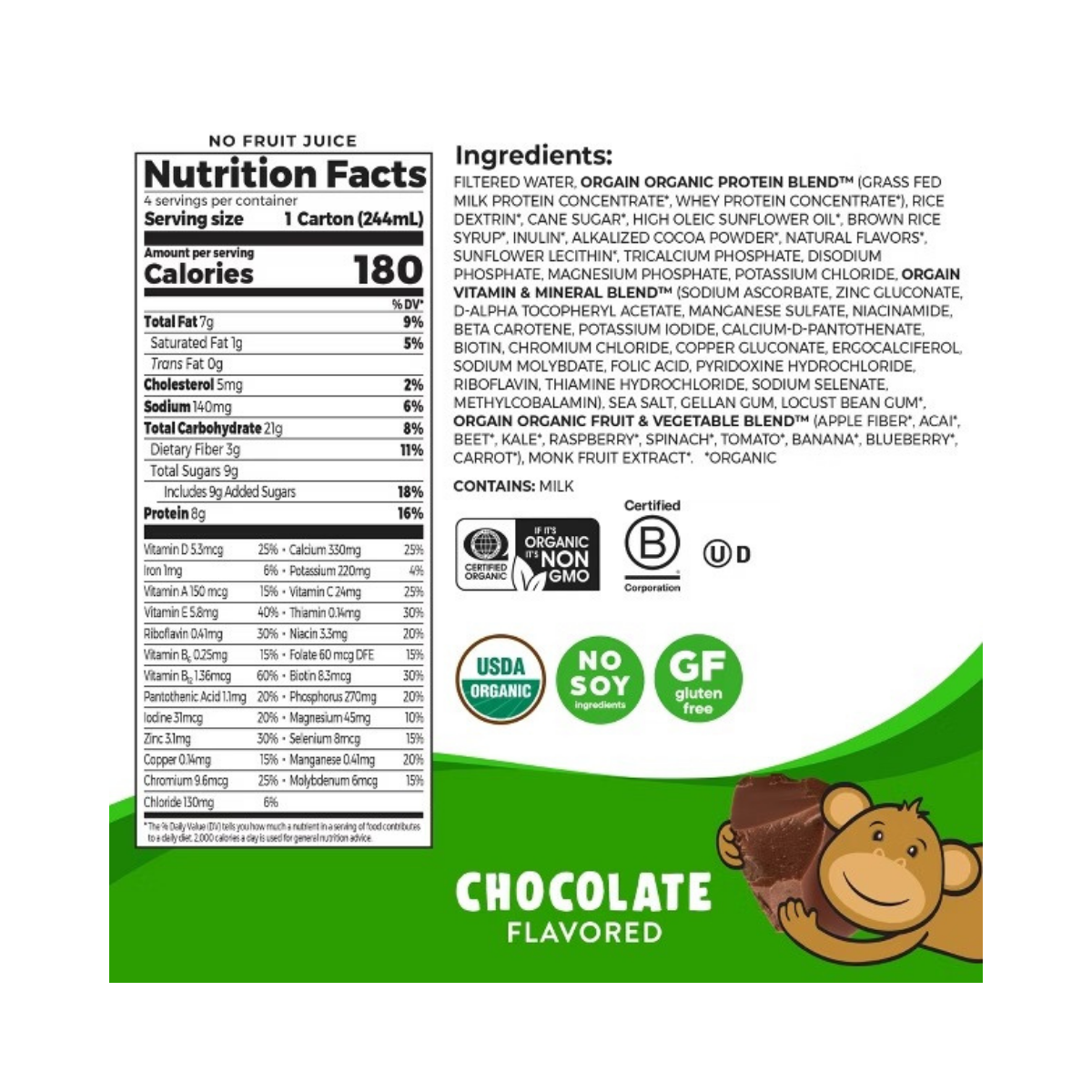 Orgain Organic Kids' Nutritional Protein Shake 22 Vitamins & Minerals Chocolate Flavored 4c