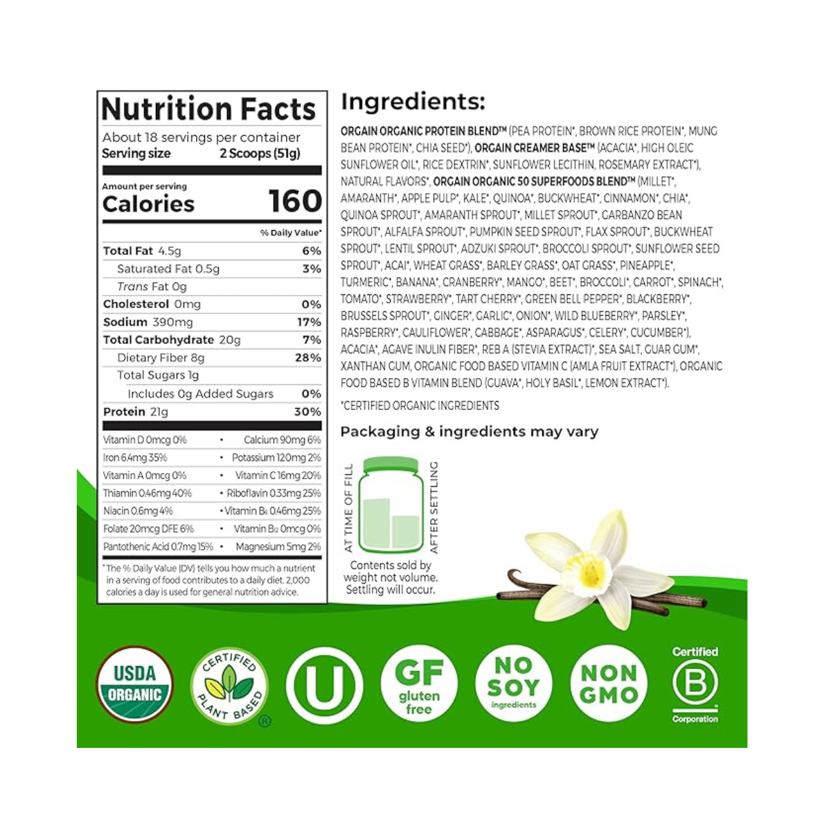 Orgain Organic Vegan 21g Protein Powder + 50 Superfoods Plant Based Vanilla Bean