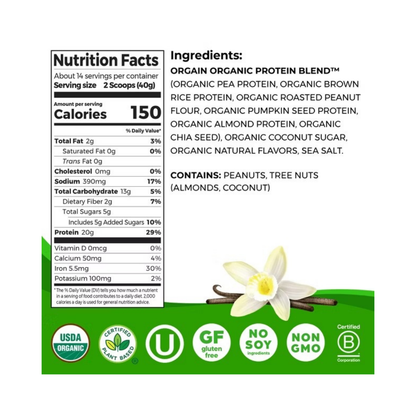 Orgain Organic Simple Ingredient Plant Based Protein Powder Vanilla V 1.25lbs