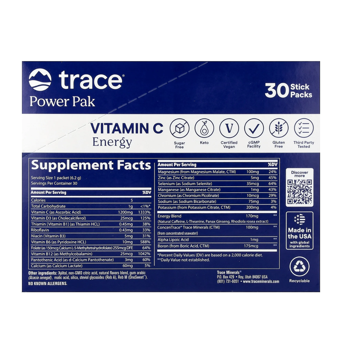 Trace Minerals Power Pak Vitamin C Energy Lemon Lime 30c
