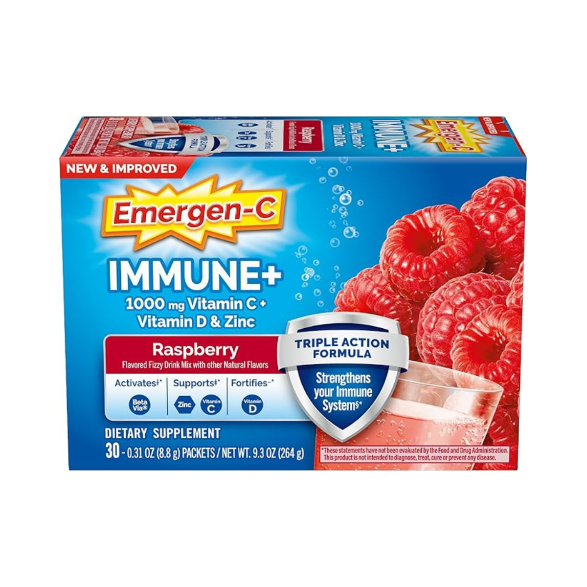 Emergen-C Immune+ Triple Action Immune Support Vitamin C Powder Raspberry 30c