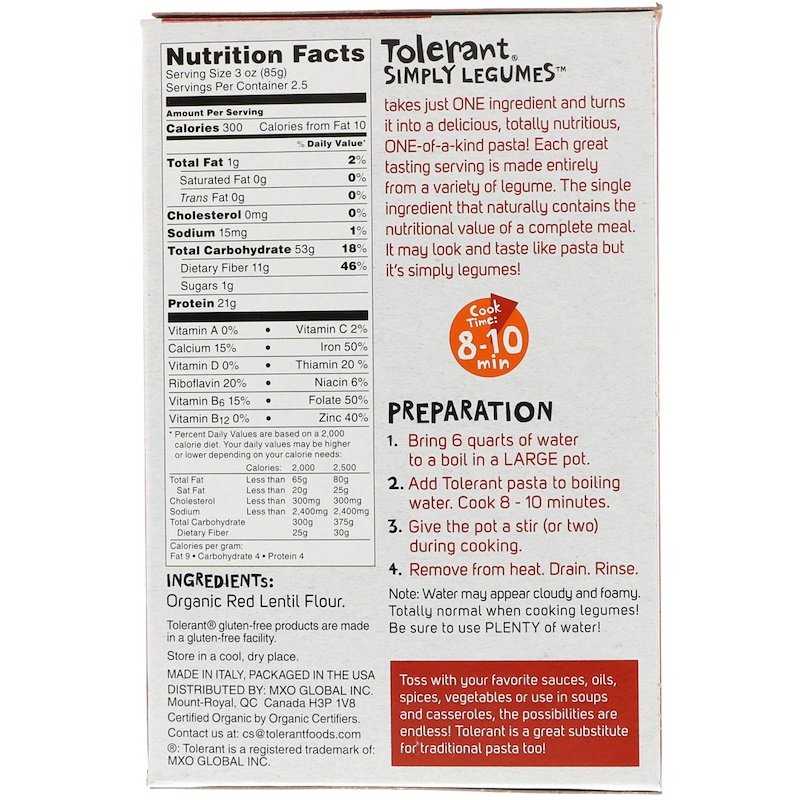 Tolerant Pasta Penne Lentil Red GF OG 8oz